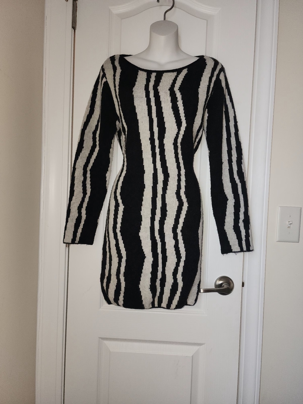 Black and Cream Striped Knit Long-Sleeve Dress
